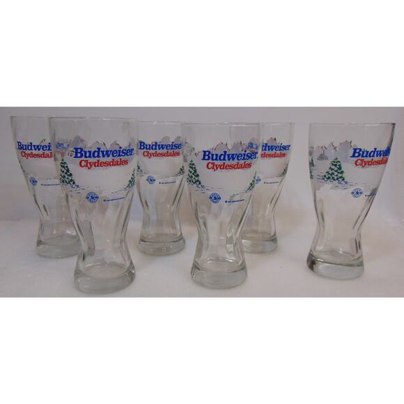 Vintage Pilsner Beer Glasses 1995 Budweiser Winter Clydesdales Set Of 6 Box Rare - Picture 4 of 14